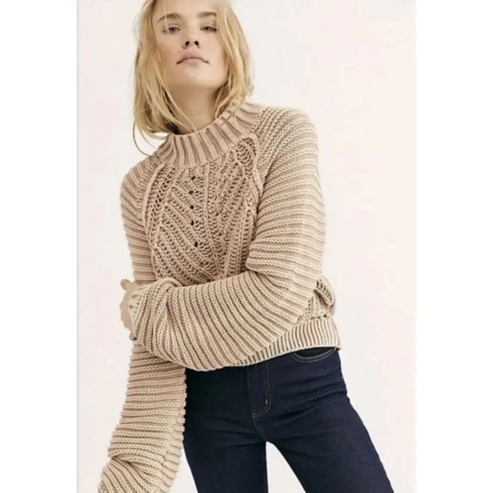 Free People Sweetheart Womens Small Chunky Rib Knit Pullover Sweater Sandcastle - Picture 1 of 10